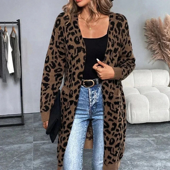 Brown Casual Women's Long Sleeve Leopard Print Long Cardigan Sweater - Picture 1 of 6